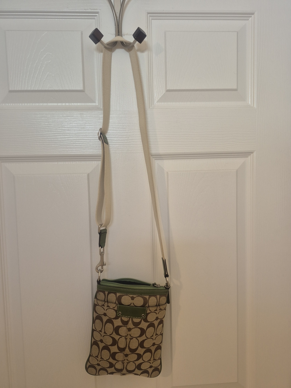 Coach Beige Canvas Crossbody with Green Trim